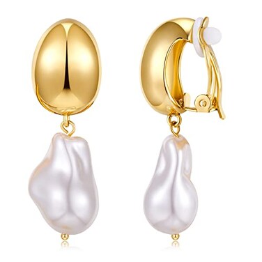 WOWORAMA Pearl Clip On Earrings Chunky Gold Baroque Clip Earrings NonPierced Statement Clip Pearl Drop Earrings