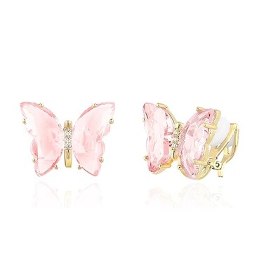 YOQUCOL Butterfly Shape Pink Crystal Clip On Earrings Non Pierced Golden Stud for Women