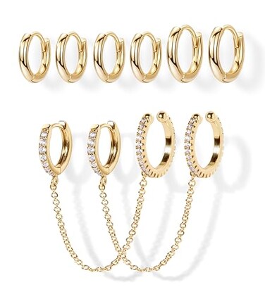 Poxtex Gold Chain Hoop Ear Cuff Earrings for Women Double Piercing Chain Huggie Small Stack Cartilage Hoop Cuff Earring Sets for Multiple Piercing Conch Helix Rook Tragus Daith Clip On Jewelry Set Gif
