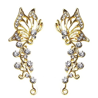 INENIMARTJ 2PCS Ear Cuff Crawler Earrings Crystal Butterfly Elven Ear Cuffs Climbers Hypoallergenic Piercing Ear Cuff Wrap Clip Earrings for WomenGold