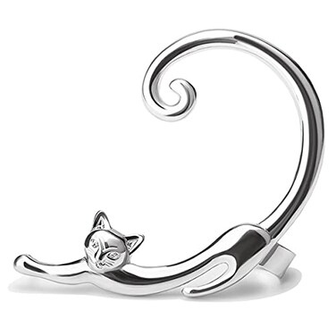 Caiyao 3Pcs Black Gold Silver Vintage Punk Long Cat Tail Around Ear Earrings Cartoon Animals Pet Cat Ear Cuff Clawer Bowed Cat Ear Clip for Women B silver