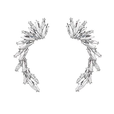 ABJFJE Crystal Leaf Climbers Crawler Jewelry Jacket Earrings Sparkly Zircon Pave Metal Ear Cuff Wrap Clip Stud Earring Climber Top Ear Clip for Women