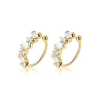 SLUYNZ 925 Sterling Silver CZ Cuff Earrings for Women Teens Small Hoop Earrings No Piercing Cartilage Earrings BGold