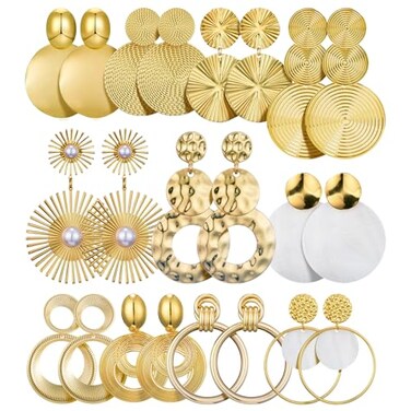 Myofeng 11 Pairs Big Disc Drop Earrings Gold Dangle Earrings Round Hammered Statement Earrings For Women Set
