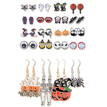AOROCO 20 Pairs Halloween Earrings for Women Pumpkin Spider Spooky Skull Skeleton Dangle Earrings for Women GirlsWitchy Bat Cat Eyeballs Candy Stud Earrings Set Scary Halloween Accessories