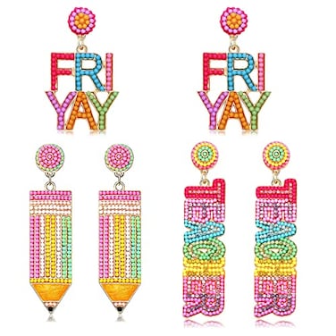 CEALXHENY 23 Pairs Pencil Earrings Teacher Earrings for Women Rhinestone Beaded Dangle Drop Earring Colorful Teacher Appreciation Gift Teacher Set 3 Pairs E