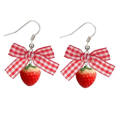 GLMOCM 3D Strawberry Earrings for Women Cute Bow Strawberry Earrings Acrylic Fruit Drop Dangle Earrings for Women Jewelry A