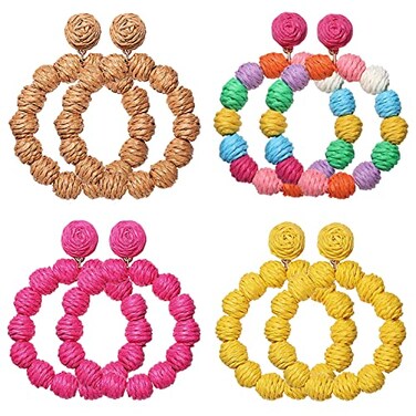 PHALIN 4 Pairs Rattan Earrings for Women Boho Raffia Ball Hoop Dangle Earring Set Handmade Summer Beach Earrings Lightweight Straw Wicker Braid Earring Gifts 4Pairs Dangle Earings