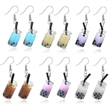 GIMEFIVE 6 Pairs Cute Pearl Milk Tea Dangle Earrings Tea Drop Earrings Women Funny Creative Unique Earring set 6 Pairs Cute Pearl Milk Tea
