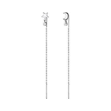 Izpack Asymmetrical Star Moon Threader Tassel Dangle Earrings S925 Sterling Silver Dainty Diamond Crystal CZ Long Chain Drop Stud Earring Ear Line Cute Jewelry Gifts for Women Sensitive Ears