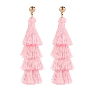 BaubleStar Fashion Tassel Dangle Earrings for Women Layered Long Bonita Tiered Pink Thread Tassel Drop Statement Jewelry