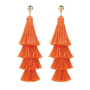 BaubleStar Fashion Tassel Dangle Earrings for Women Layered Long Bonita Tiered Russet Orange Thread Tassel Drop Statement Jewelry