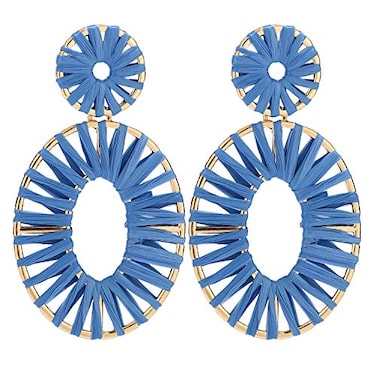 BaubleStar Kiera Raffia Tassel Fringe Rattan Hoop Drop Statement Earrings for Women Blue Tiered Thread Handmade Round Oval Cirle Dangle Fashion Jewelry
