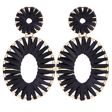 BaubleStar Raffia Tassel Fringe Rattan Hoop Drop Statement Earrings for Women Black Tiered Thread Handmade Round Oval Cirle Dangle Fashion Jewelry