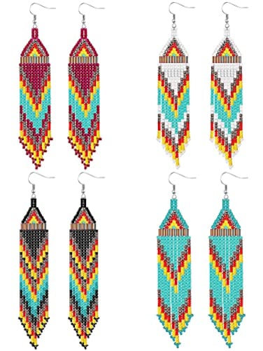 BBTO 4 Pcs Long Beaded Tassel Earrings for Women Bohemia Native Handmade Boho Statement Dangle Earrings Jewelry GiftsExotic