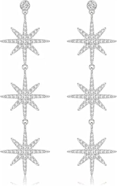 Blingsoul Silver Star Dangle Earrings Silver Rhinestone Earrings Dangling Style with Hexagram Star Earrings for Women Brides J100047 Star Snowflakes Silver