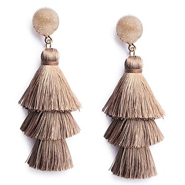 Me&Hz Bohemian 3Tier Thread Tassel Earrings Khaki Light Brown Drop Dangle Earrings for Women Chandelier Statement Fringe Earrings Gift for Her
