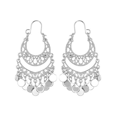 NTLX Bohemian Boho Chandelier Dangle Drop Earrings for Women Lightweight Filigree Gypsy Coin Disc Tassel Charm Hoops included Gift Box Silver