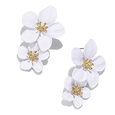COLORFUL BLING Bohemian Daisy Flower Matte Floral Petal Drop Dangle Earrings Layered Tiered Chic Boho Wedding JewelryWhite