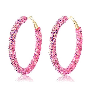 COLORFUL BLING Bohemian Shiny Glitter Sequins Hoop Earrings Wrapped Gold Plated Circle Statement Rhinestone Dangle Drop Earrings for Women Boho Jewelrypink