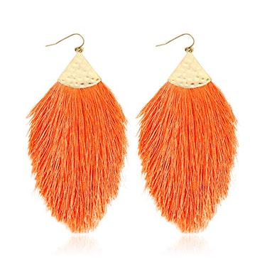 RIAH FASHION Bohemian Silky Thread Fan Fringe Tassel Statement Earrings Lightweight Strand Feather Shape Dangles Feather Fringe Neon Orange