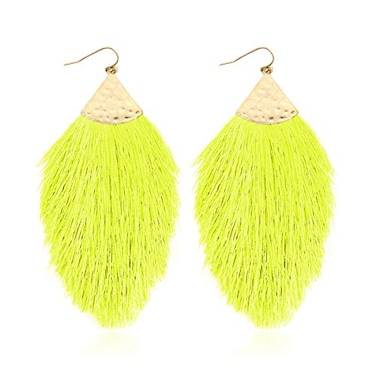 RIAH FASHION Bohemian Silky Thread Fan Fringe Tassel Statement Earrings Lightweight Strand Feather Shape Dangles Feather Fringe Neon Yellow