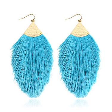 RIAH FASHION Bohemian Silky Thread Fan Fringe Tassel Statement Earrings Lightweight Strand Feather Shape Dangles Feather Fringe White