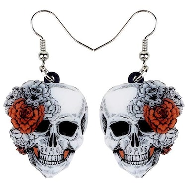 BONSNY Bonsny Acrylic Drop Dangle Halloween Rose Flower Skeleton Skull Earrings Punk Jewelry For Women Gift