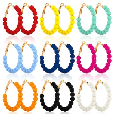 Bonuci 9 Pairs Beaded Hoop Earrings for Women Bohemian Bead Earrings Mixed Color Dangle Bright ColorsAcrylic