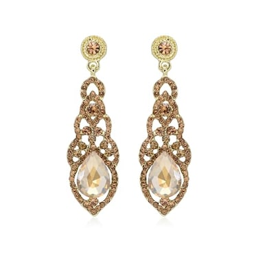 BriLove Long Large Dangle Earrings for Women Crystal Art Deco Teardrop Hollow Chandelier Statement Jewelry Champagne GoldToned