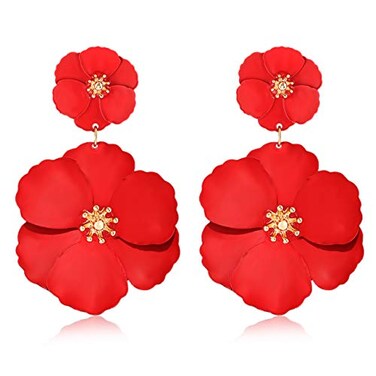 CEALXHENY Flower Dangle Earrings Boho Layered Floral Drop Earrings Statement Stud Earring for Women ARed