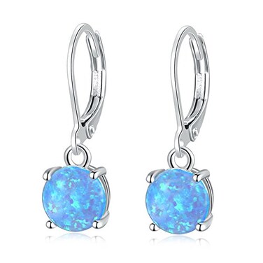 CiNily RoundCut Opal Dangle Earrings Blue Fire Opal Rhodium Plated Women Jewelry Leverback Gemstone Drop Earrings