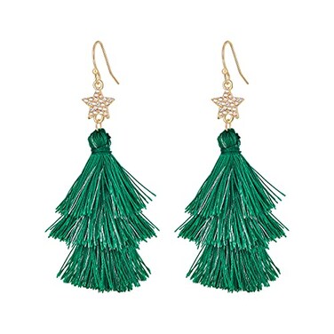 CLASSYZINT Christmas Layered Tassel Earrings Green Silver Cord Christmas Tree Dangle Earrings For Women Holiday Gift