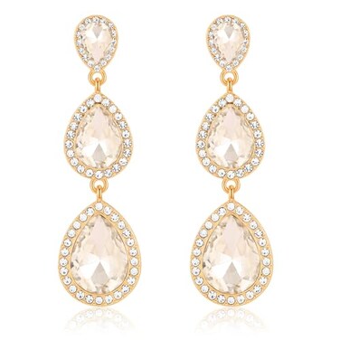 Moiegouct Clear Rhinestone Teardrop Dangle Earrings Vintage Crystal Long Chandelier Drop Earrings for Wedding Prom Costume