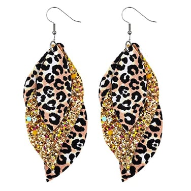 Fuqimanman2020 Colorful Layered S Shape Leather Dangle Earrings Shining Leaf Shape Leopard Print Earrings for Women JewelryG