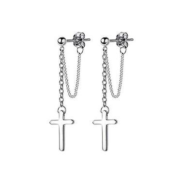 Dtja Cross Dangle Drop Earrings 925 Sterling Silver Chain Dropping for Women Girls Men Punk Ball Studs Hypoallergenic Jewelry Silver