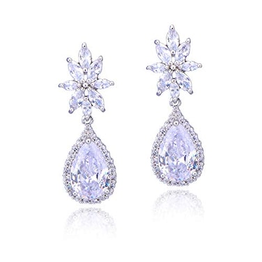 Mycitta Cubic Zirconia Bridal Earrings Silver Sterling Silver Teardrop CZ Crystal Flower Floral Cluster Dangle Drop Earrings for Bride Bridesmaids Wedding Party Prom