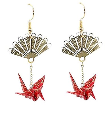 CutieJewelry Crane Origami Bird Fan Dangle Cute Pretty Earrings Red Fan