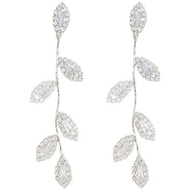 WMM Dangling Leaf Drop Earrings Silver Rhinestone Crystal Long Elegant Bridal Wedding Prom Anniversary Earrings