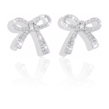 ecozran Silver Bow Earrings for Women Trendy Sparkly Rhinestone Dangle Drop Earrings Lightweight Hypoallergenic Silver Jewelry Perfect for Prom Wedding Party Bow I