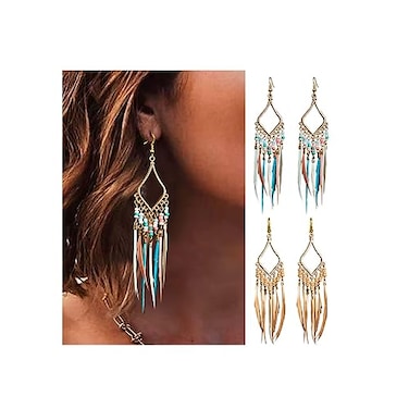 Efdagsad Bead Earrings Set Feather Tassel Gold Boho Ethnic Retro Bohemian Dangle Earring Bead Women Jewelry for Birthday Party Gifts