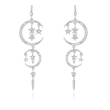 QIAN0813 Flat Back Silver Earrings for Women Sun Moon Star Celestial celestial Huggie Dangle Earrings Hypoallergenic Greek Mythology Boho Greek Mythology Witchy Jewelry Crystal