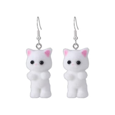 ANZWTLOYY Fuzzy Cat Earrings Cute Kawaii Cat Dangle Drop Earrings for Women White