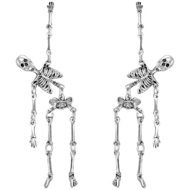Artlunar Gothic Skeleton Earrings for Women Punk Skull Dangle Earrings Long Articulated Silver Tone Halloween Jewelry Alternative Goth Accessories Gift