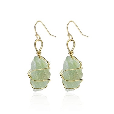 MTJAHPS Green Fluorite Dangle Earrings Delicate Stone Charm Gold Plated Drop Earrings Wire Wrapped Crystal Gemstone Earrings