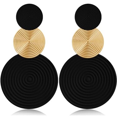 JNONL Handmade Long Round Alloy Dangle Drop Earrings Statement 60s 70s 80s Vintage Gold Disk Round Disc Earrings Boho Lightweight Summer Beach Jewelry Earring for Women Black Gold