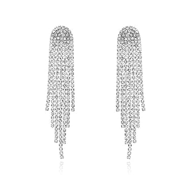 HERIER Rhinestone Earrings Dangling for Women Silver Dangle Earrings Simple Chandelier Statement Tassel Earrings Long Sparkly Drop Crystal Lightweight Jewelry