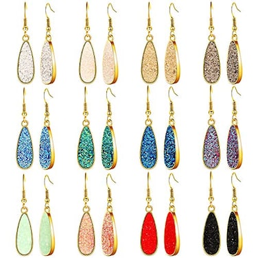Hicarer 12 Pairs Faux Druzy Drop Earrings Gift for Women Trendy Multicolor Stainless Steel Dangle Earring for Wedding PartyLong Teardrop Shape