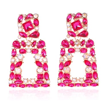 ATIMIGO Hot Pink Rhinestone Rectangle Dangle Earrings Trendy Sparkly Crystal Geometric Drop Statement Earrings hypoallergenic for Women