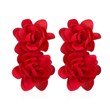 Just Follow Big Flower Drop Earrings for Women Long Fabric Floral Dangle Earrings Bohemian Exaggerated Statement Red